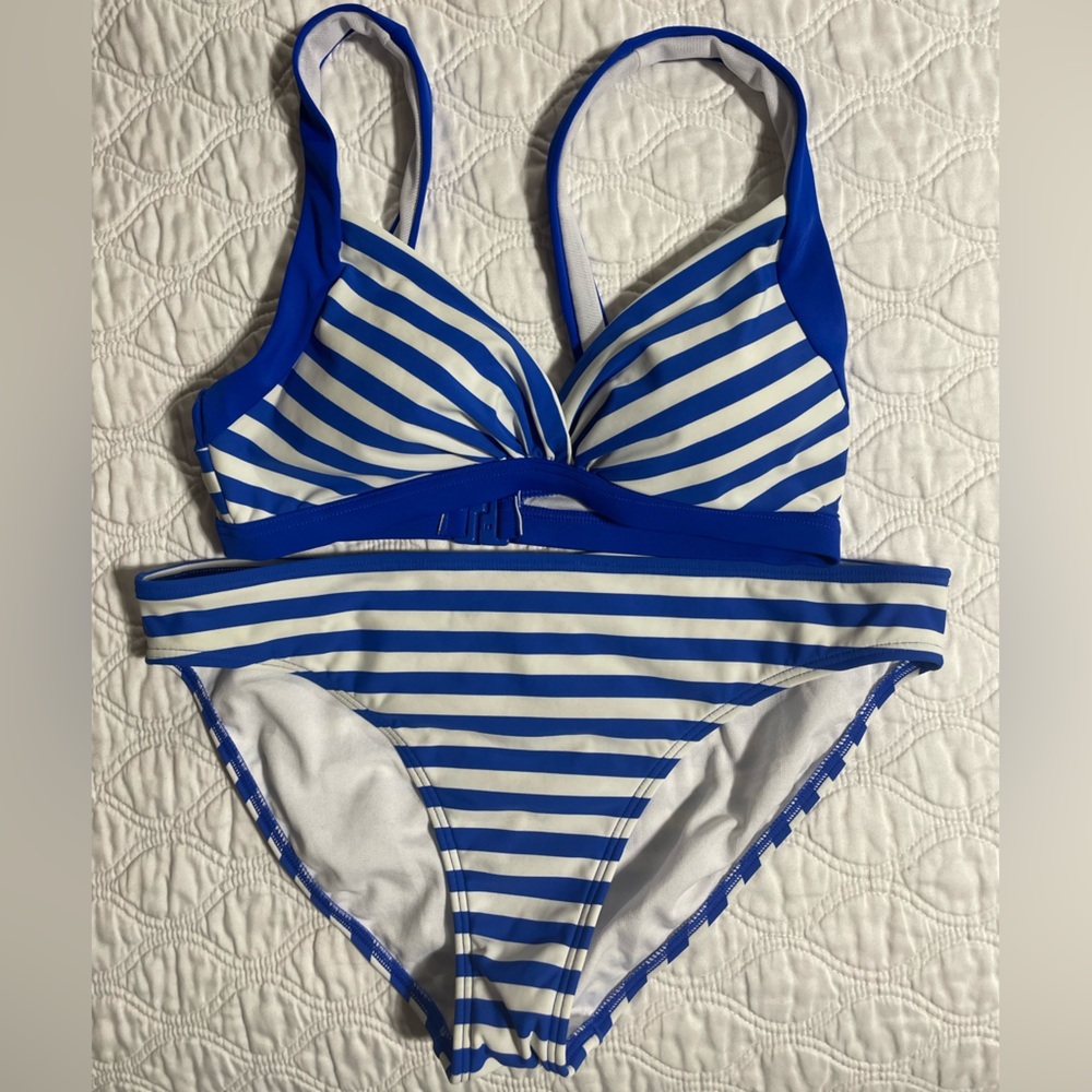 Boden Blue and White Striped Bikini